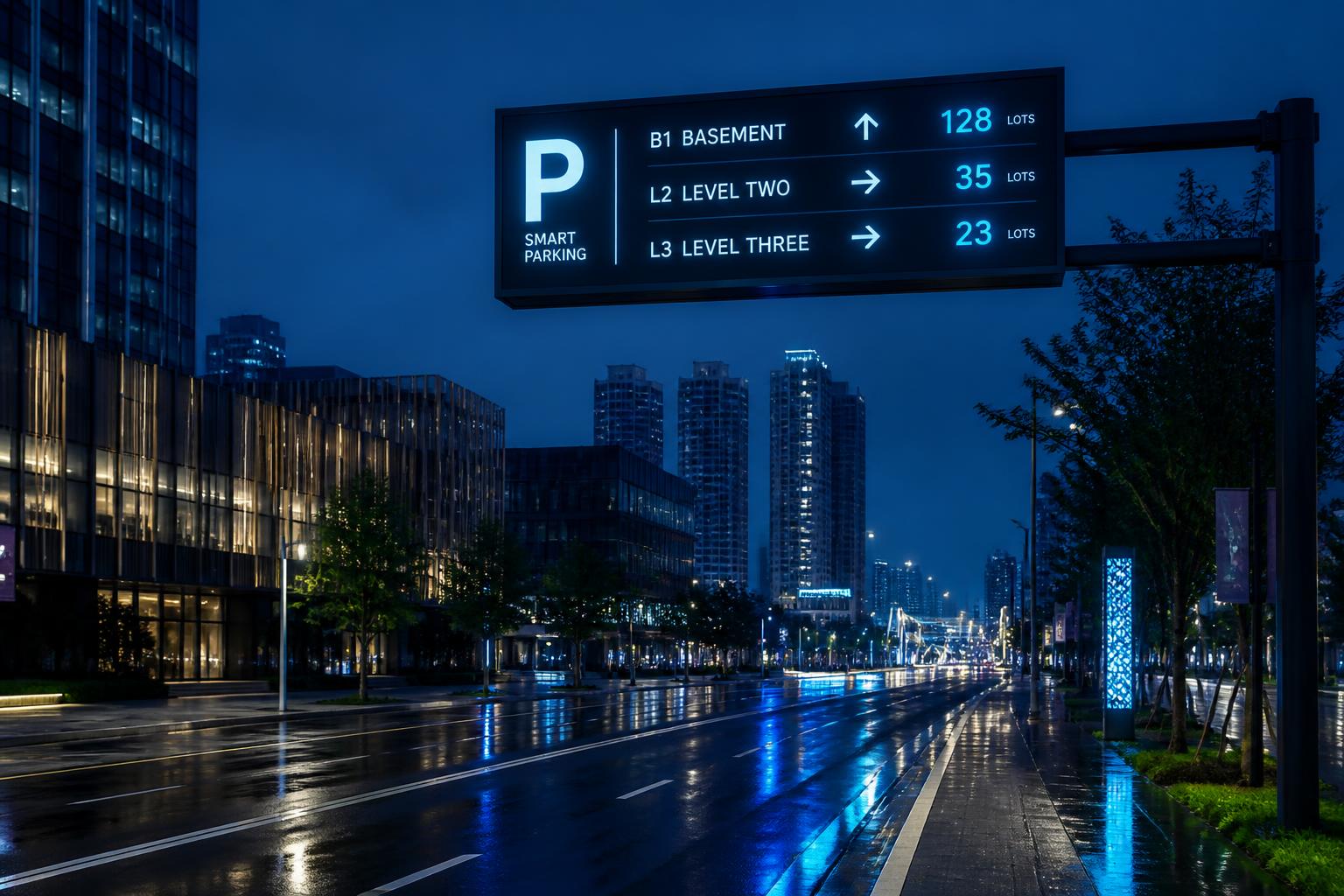 Smart parking guidance sign in the city at night