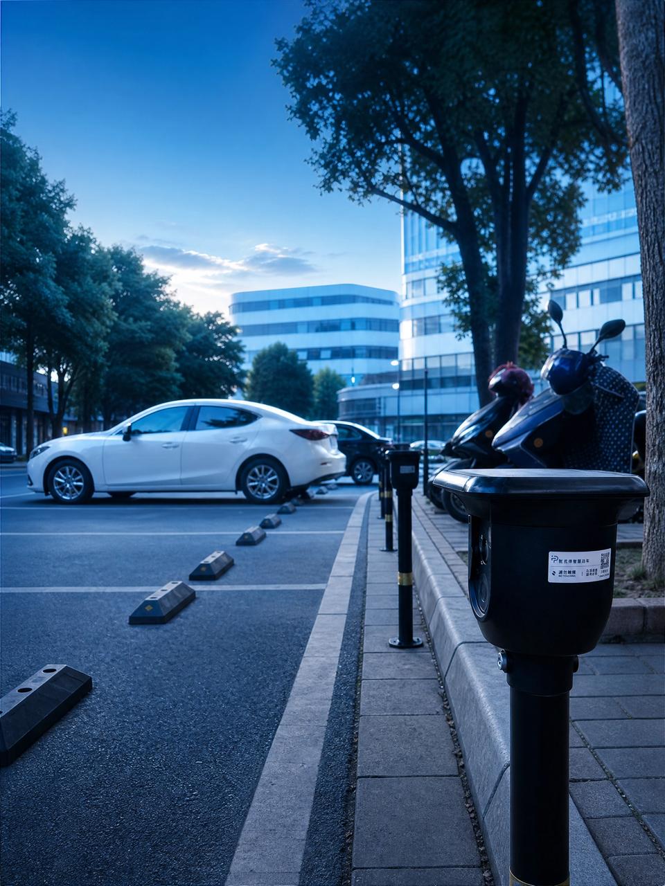 Modern smart parking facility at dusk